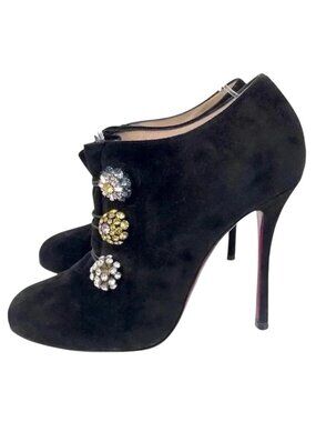 Christian Louboutin Black Suede Crystal Button Booties EU 37